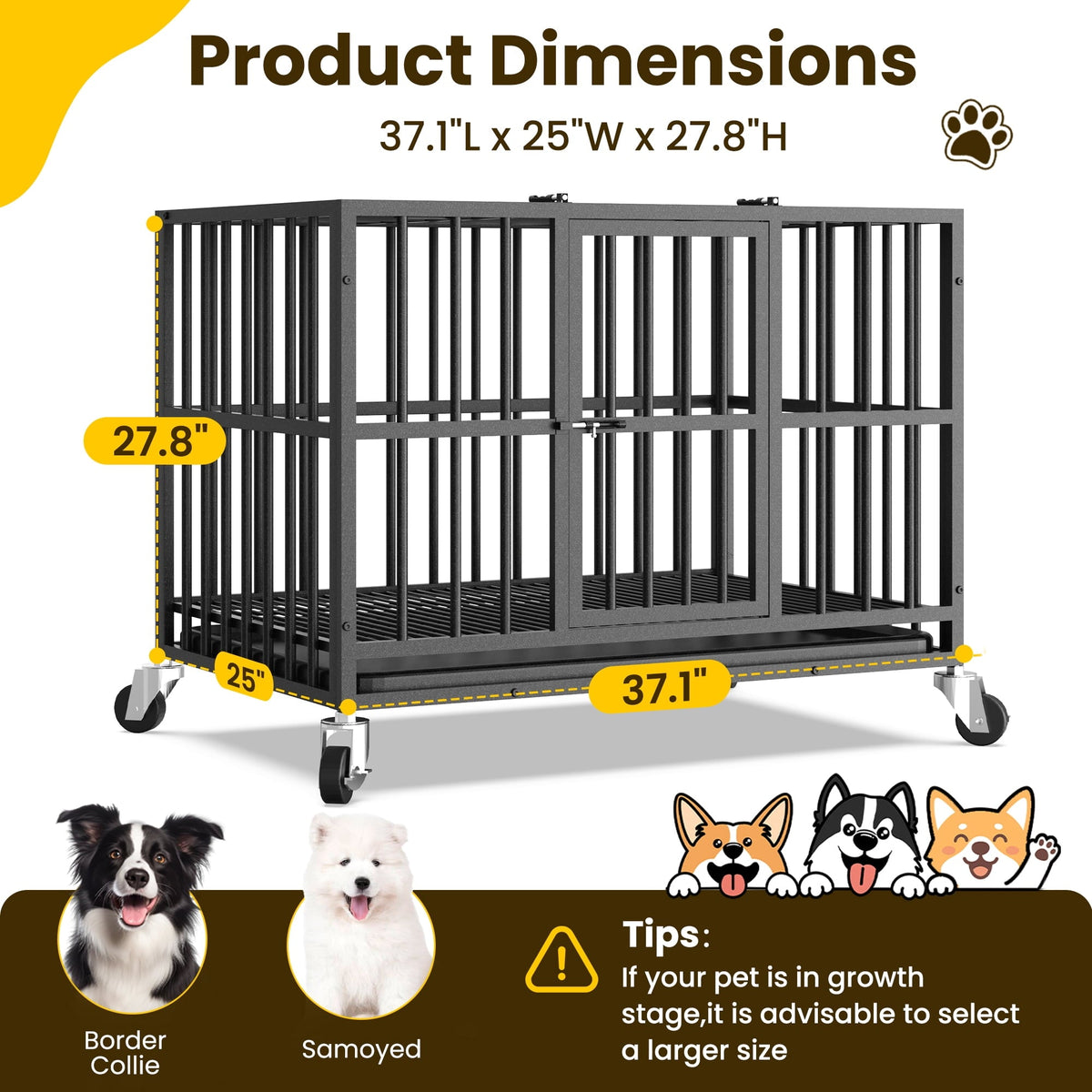 Time Ray 38 inch Dog Crate for Medium Dog with Steel Escape Proof,Heavy Duty Indestructible Dog Kennel with Double Doors,Lockable Wheels and