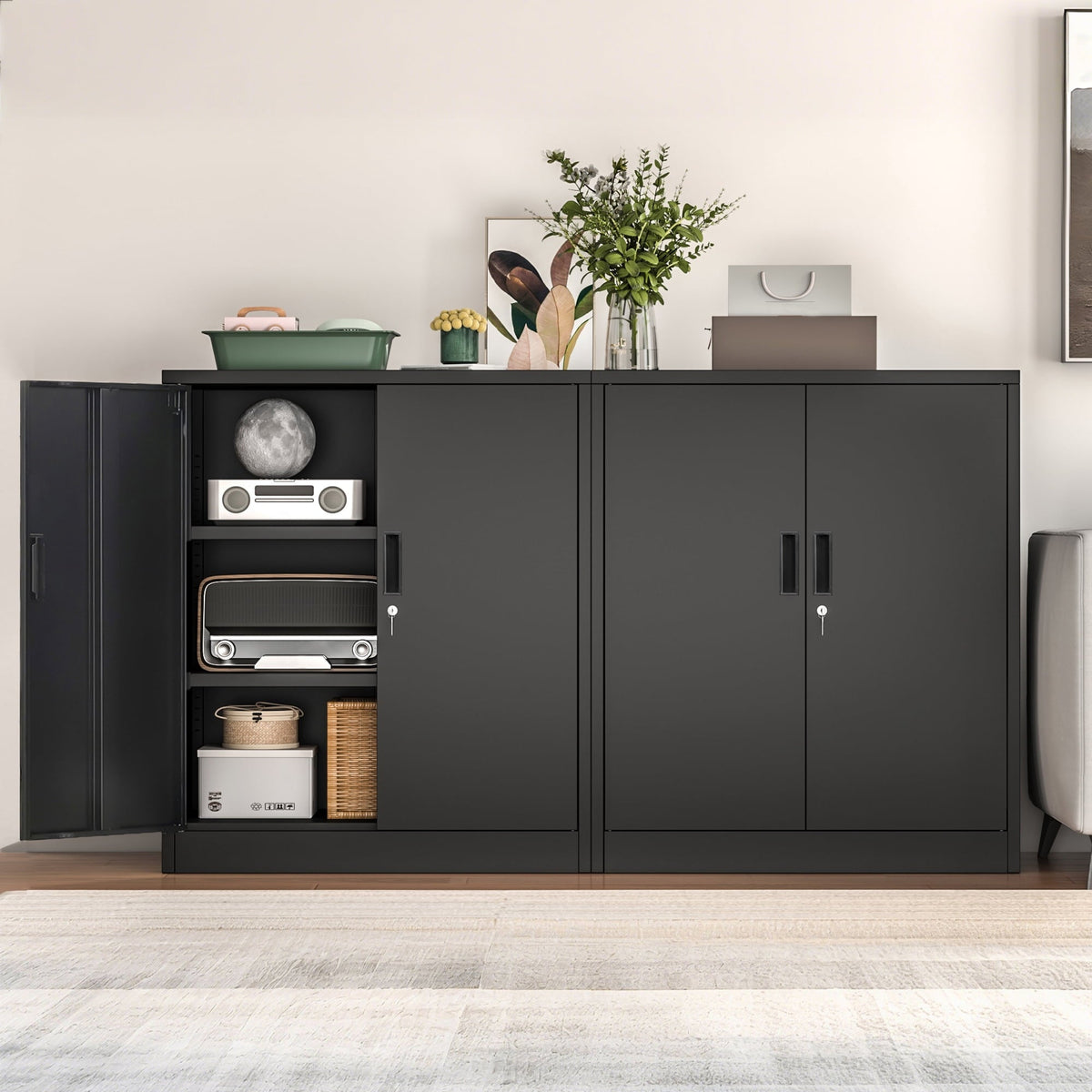 Metal Storage Cabinet, Locking Storage Cabinet with Adjustable Shelves, 36.2" H Steel Cabinet for Garage, Home, Office, Utility Room-Black