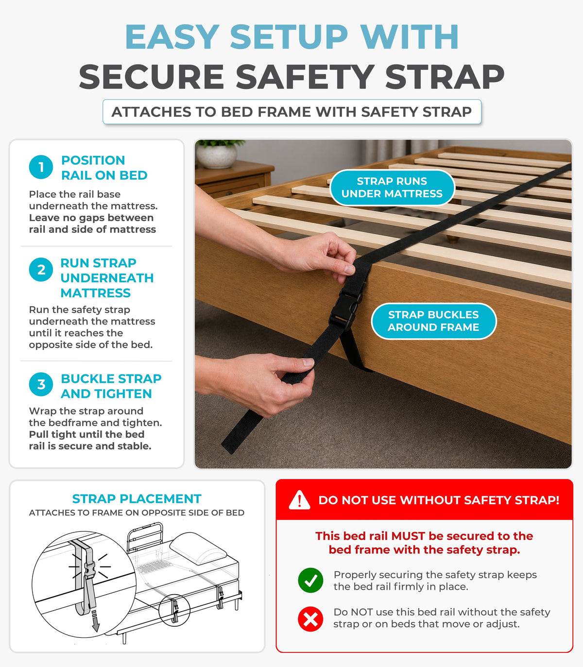 Stander Wonder EZ Adjust Bed Rail, Non-Pivoting Adjustable Bed Rail for Seniors and Safety Railing with Organizer Pouch, ASTM Safety Approved, Black