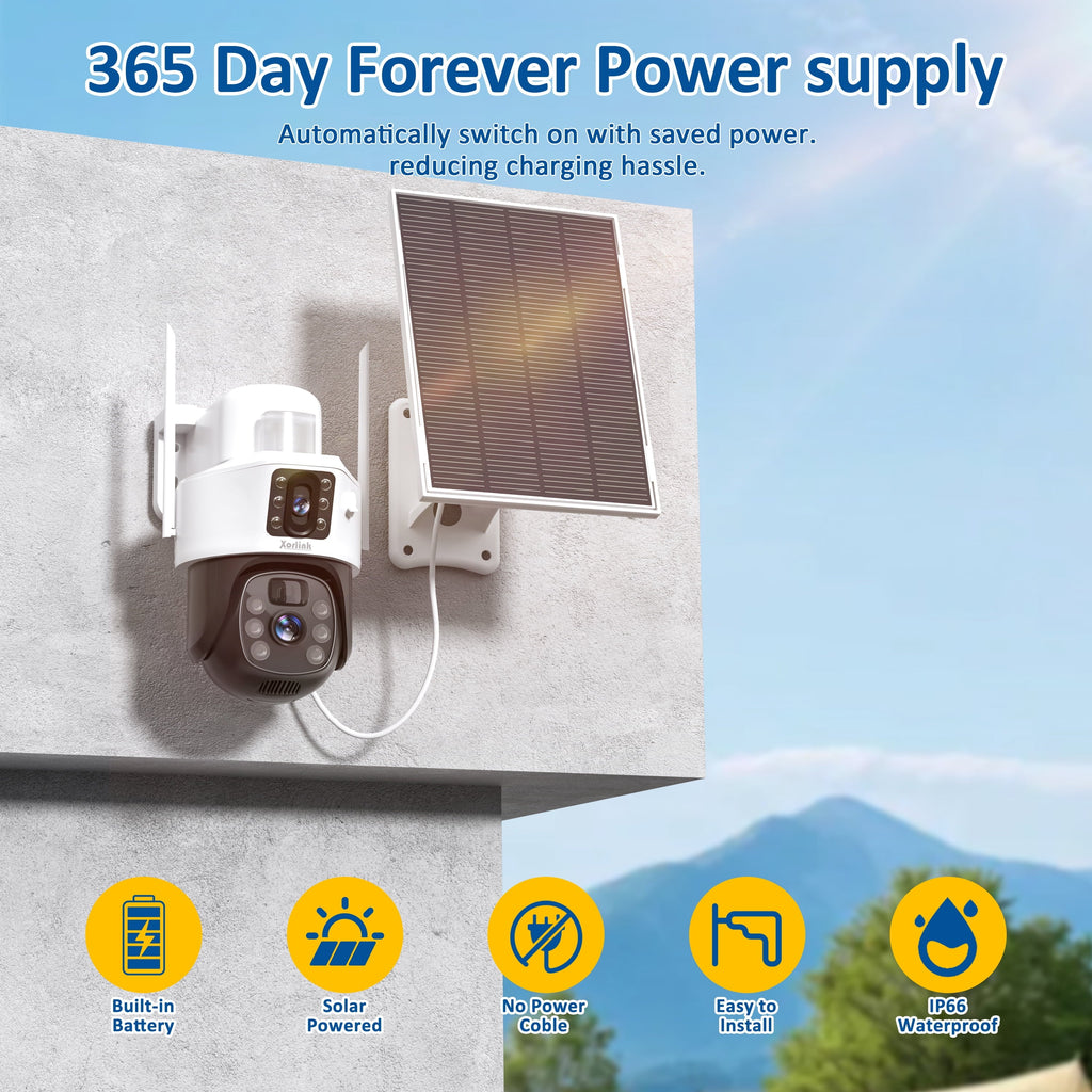 Xorlink 4K/8MP Solar Security Camera, 360° View Wireless Outdoor Camera, Waterproof PIR Detection, Rechargeable Battery Powered Home Dual Lens