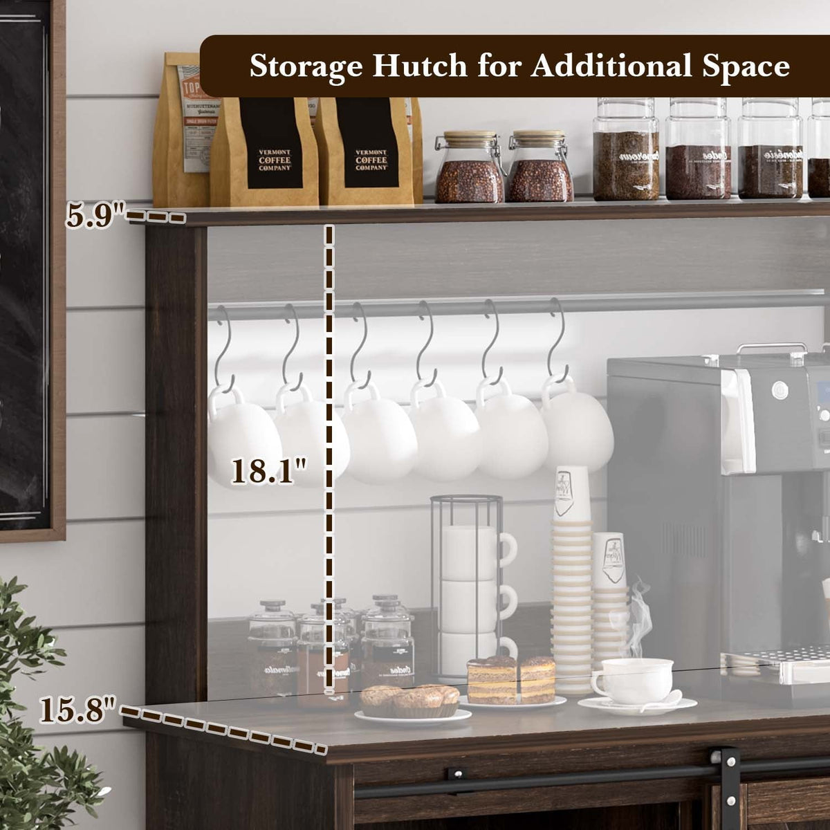 Catrimown Farmhouse Coffee Bar Cabinet, Sideboard Buffet Cabinet with Storage and Shelf, Dark Oak