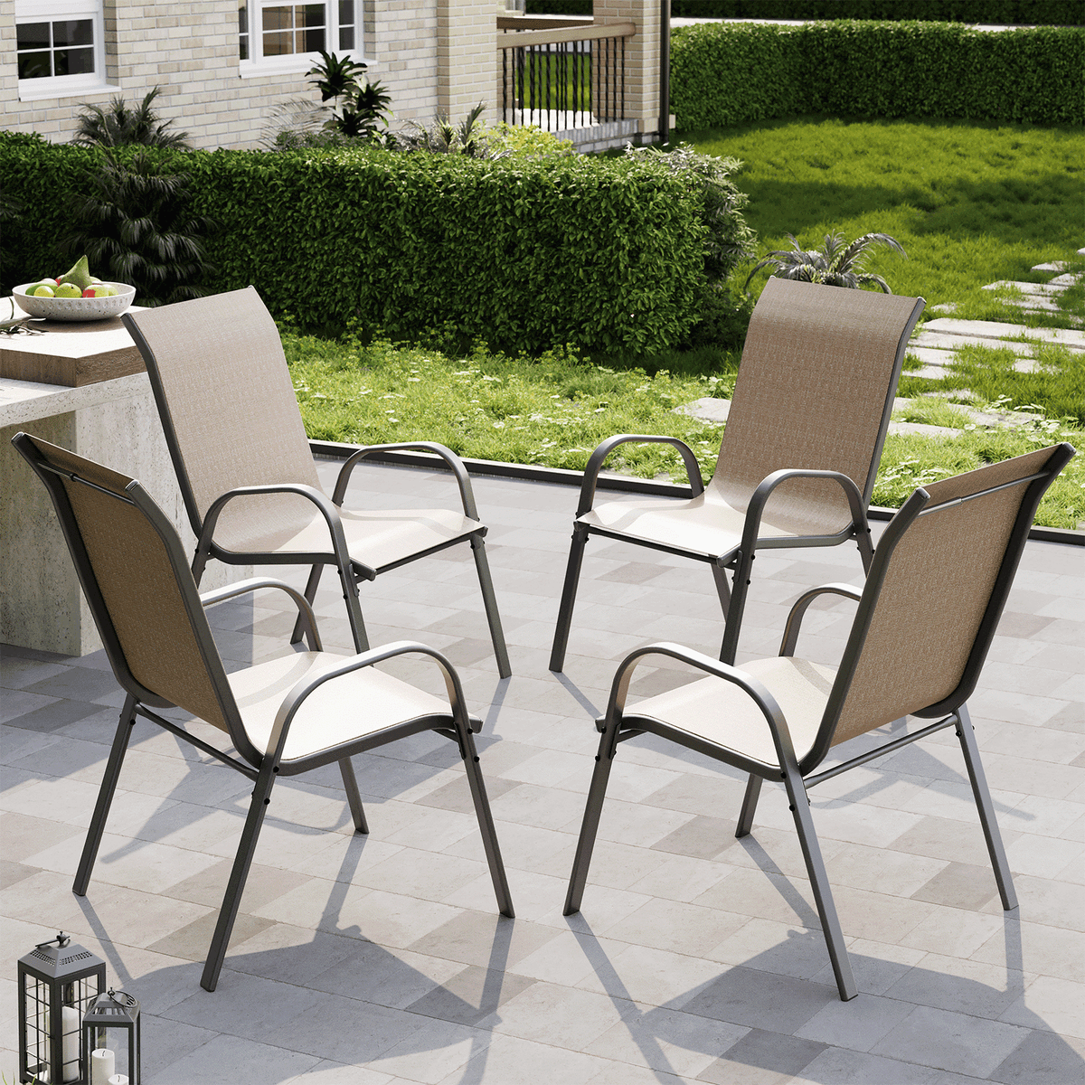 ELPOSUN Patio Chairs Set of 4, Outdoor Stackable Dining Chairs for All Weather, Breathable Garden Outdoor Furniture for Backyard Deck,Khaki