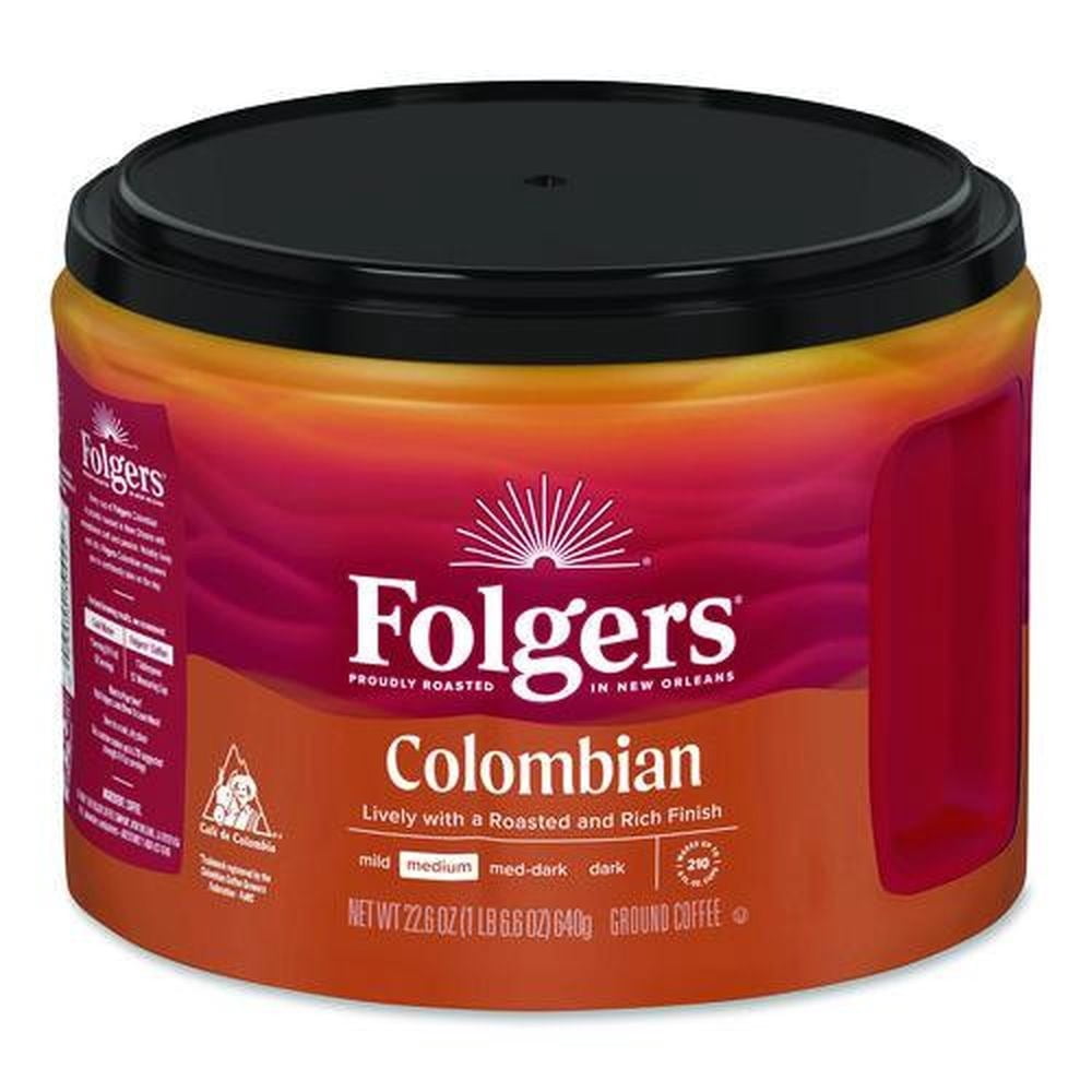 6 pack) Folgers Colombian Ground Coffee, Medium Roast, 22.6 oz Canister