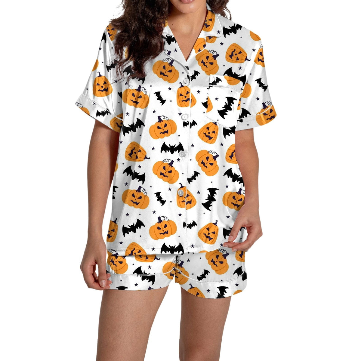ChenYiFH Halloween Pajama Sets For Women 2 Piece Pumpkin Print Shirts And Pajamas Shorts Button Down Short Sleeve Sleepwear Black S