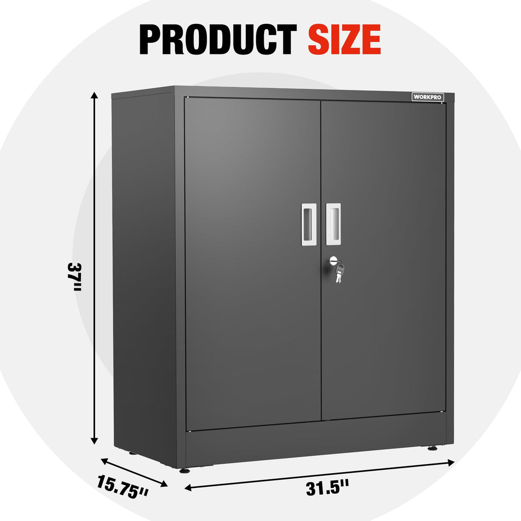WORKPRO 37"x31.5"x15.75" Small Metal Garage Storage Cabinet with Locking Doors and 2 Adjustable Shelves, for Tools, Office, Home, Shops, Black