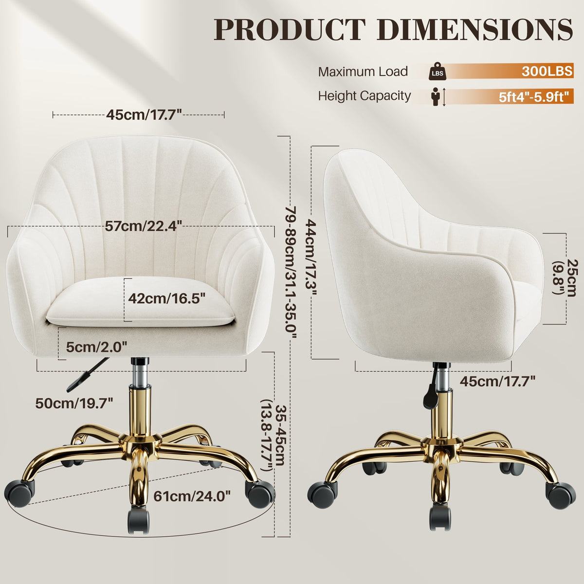 COOLHUT Office Desk Chair with Padded, Velvet Vanity Chair with Back and Wheels, Comfy Home Office Chiar with Gold Legs, Height Adjustable, Rolling