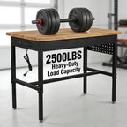48 Inch Adjustable Workbench with Power Outlet, 2500 LBS Heavy Duty Hardwood Top Workbench, 6-Level Height Adjustable Garage Work Table with Non-Slip