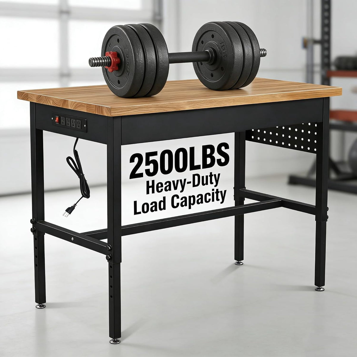 48 Inch Adjustable Workbench with Power Outlet, 2500 LBS Heavy Duty Hardwood Top Workbench, 6-Level Height Adjustable Garage Work Table with Non-Slip