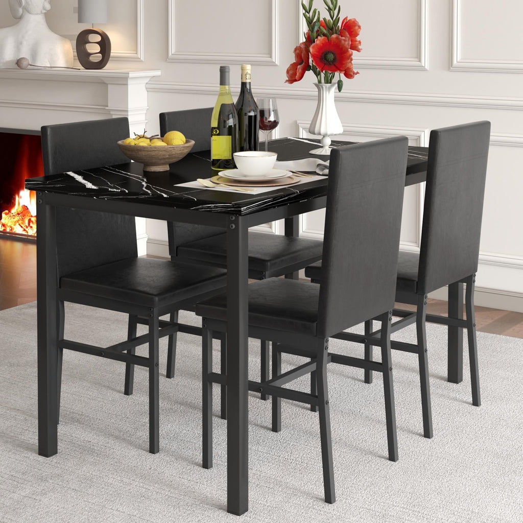 5 Piece Dining Table Set, Modern Faux Marble Tabletop and 4 PU Leather Upholstered Chairs, Rectangle Kitchen Table and Chairs for 4 Persons, Small