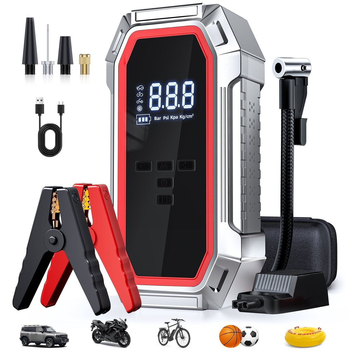 5000A Portable Jump Starter with Air Compressor, 160 PSI Tire Inflator for Cars, Trucks & SUVs, 12V Car Battery Jumper Box with LCD Display, LED