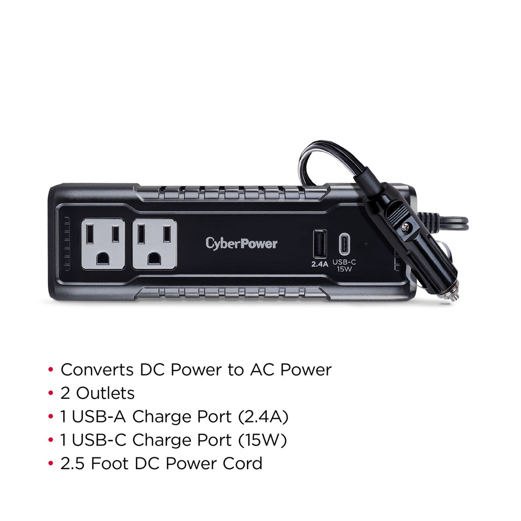 CyberPower M175XUC - 175W Black Power Inverter with 2 AC Outlets, 1 USB-C & 1 USB-A Port, 2.5 ft Cord