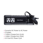 CyberPower M175XUC - 175W Black Power Inverter with 2 AC Outlets, 1 USB-C & 1 USB-A Port, 2.5 ft Cord