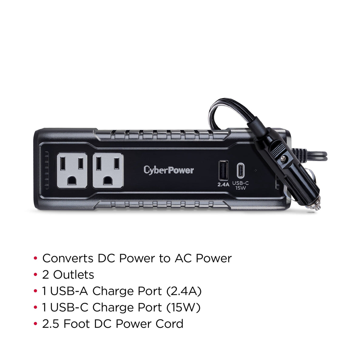 CyberPower M175XUC - 175W Black Power Inverter with 2 AC Outlets, 1 USB-C & 1 USB-A Port, 2.5 ft Cord