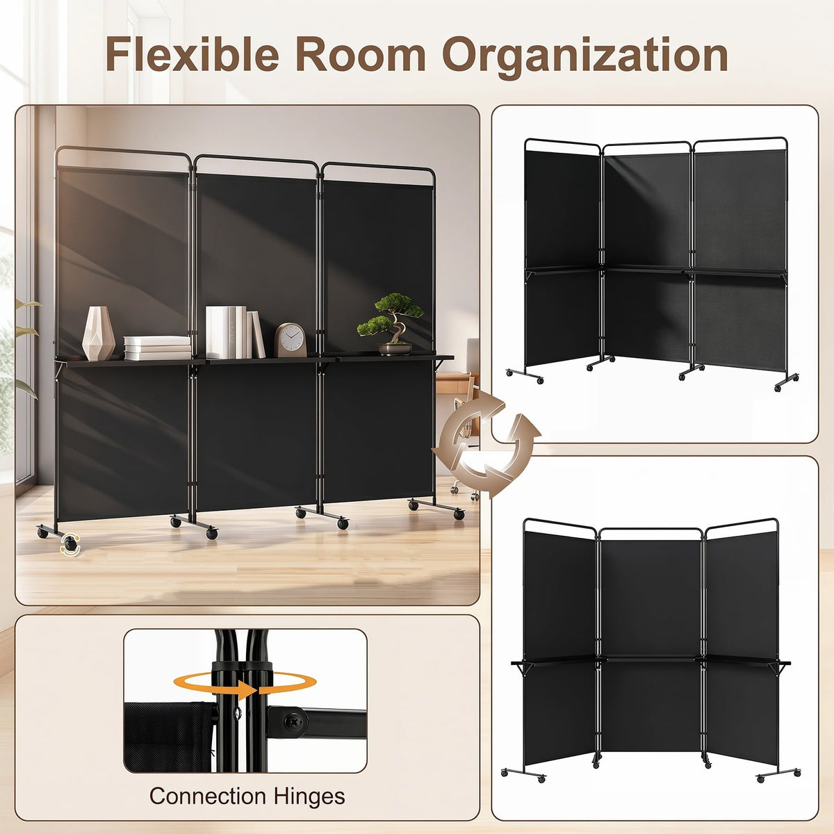 Costway 3-Panel Room Divider with Storage Shelves 6FT Tall Folding Privacy Screen on Wheels Black