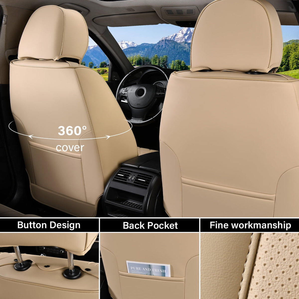 Coverado Beige Front Car Seat Covers, Stylish Waterproof Premium Leather Automotive Seat Protectors, Airbag Compatible Auto Interior Accessories
