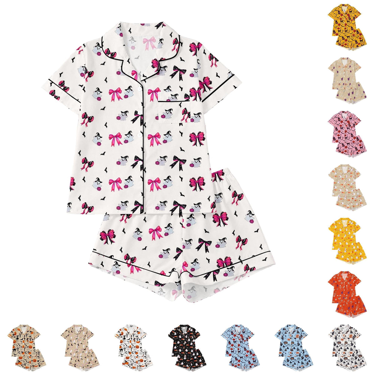 CUZIBR Girls Halloween Pajamas Sets Soft Comfortable Ghost Pumpkin Lapel Button Short Sleeve Shirt Elastic Waist Shorts 2 Pieces Sleep Loungewear Relaxed Sleepwear Outfits, Orange-C