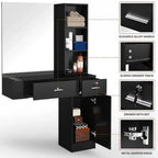 OmySalon Wall Mount Salon Station With Mirror, 1 Storage Cabinet, 2 Drawers And 3-Tier Shelf - Black
