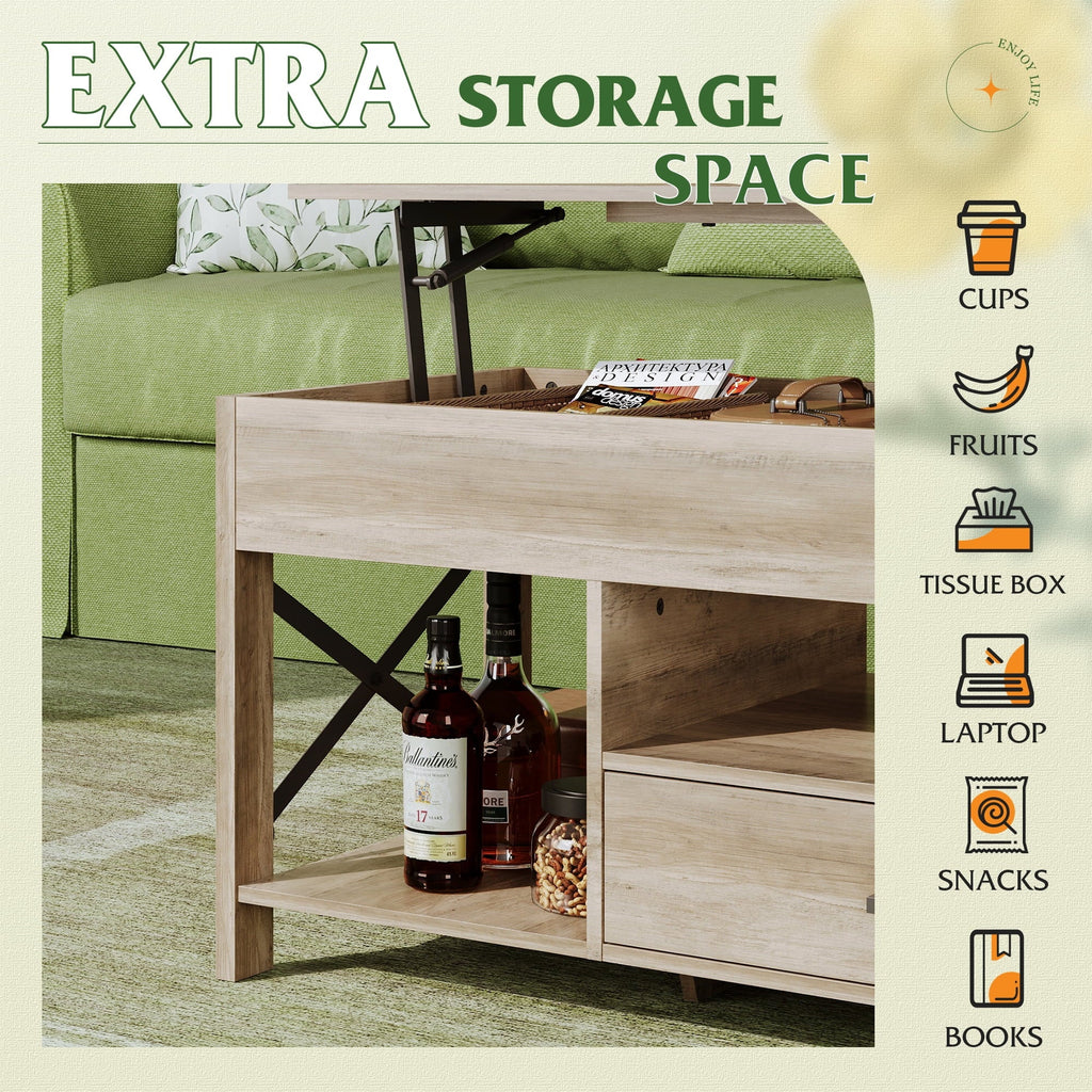 GALAXHERO Coffee Table, 39" Lift Top Coffee Table with Hidden Compartment, Storage Drawers and Storage Shelf for Living Room, Reception Room Greige