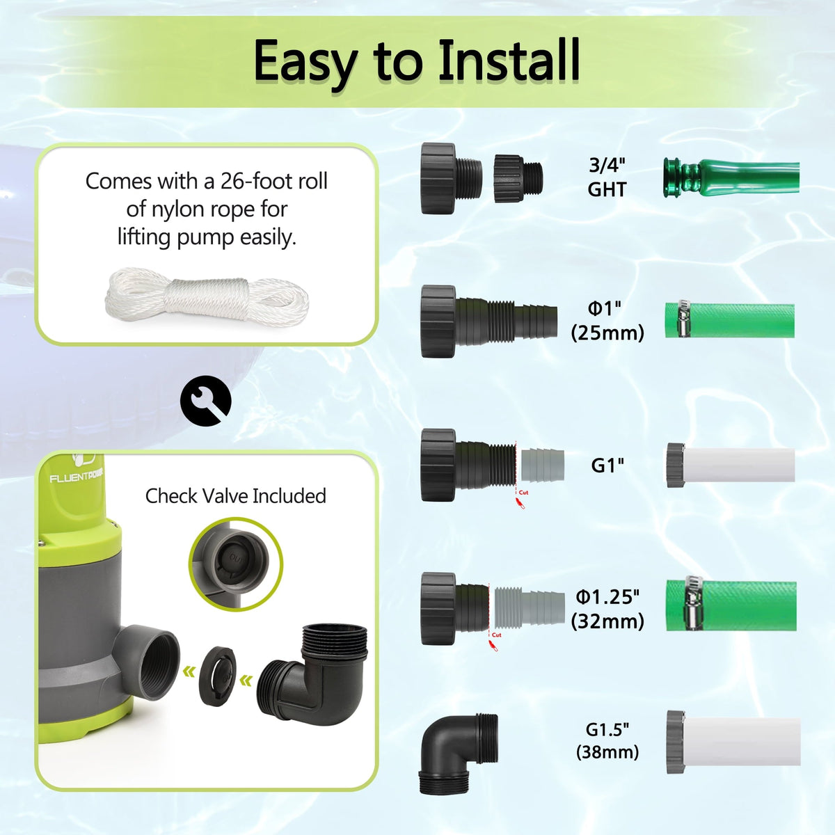 FLUENTPOWER 3/4 HP Submersible Utility Pump, 3500 GPH, Manual Control, 26.4 ft Cord, for Pool and Basement Draining