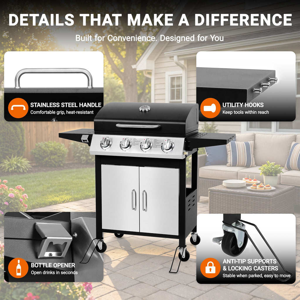 SEGMART 4 Burner BBQ Propane Gas Grill, Stainless Steel 40,000 BTU Patio Garden Barbecue Grill with Folding Side Tables, Thermometer & Bottle Opener