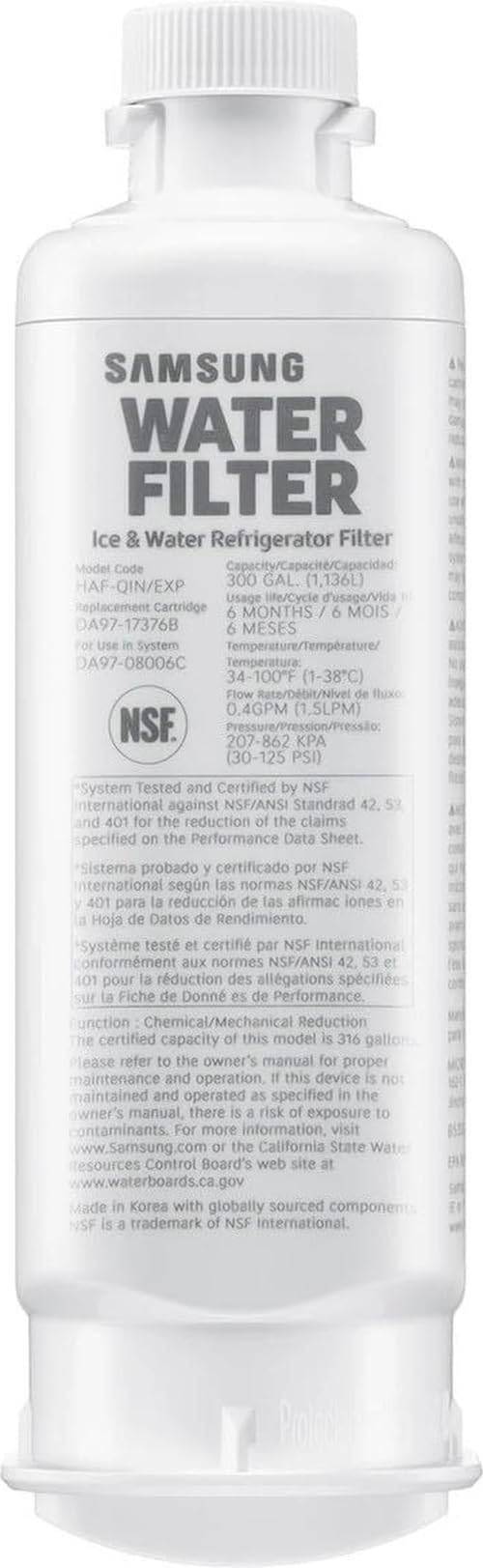 Samsung HAF-QIN/EXP Genuine Refrigerator Water Filter, Reduces 99% of Harmful Contaminants for Clean, Clear Drinking Water, 6-Month Life, Easy