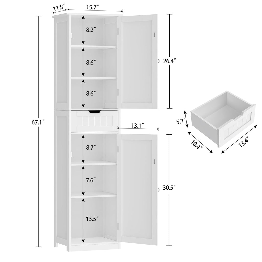 Iwell 66.9" Tall Bathroom Storage Cabinet with 2 Doors & 1 Drawer, Narrow Storage Cabinet with Adjustable Shelves, Floor Cabinet for Bathroom, Living