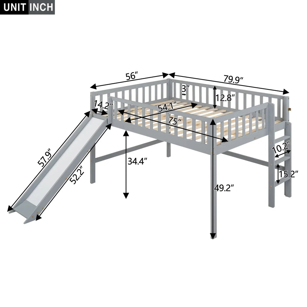 Gray Full Size Low Loft Bed With Ladder And Slide