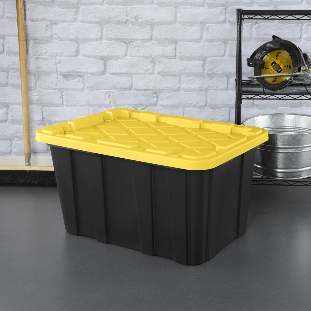 Sterilite 27 Gal Large Plastic Industrial Storage Bin with Snap-Fit Lid, Black and Yellow, 6 Pack