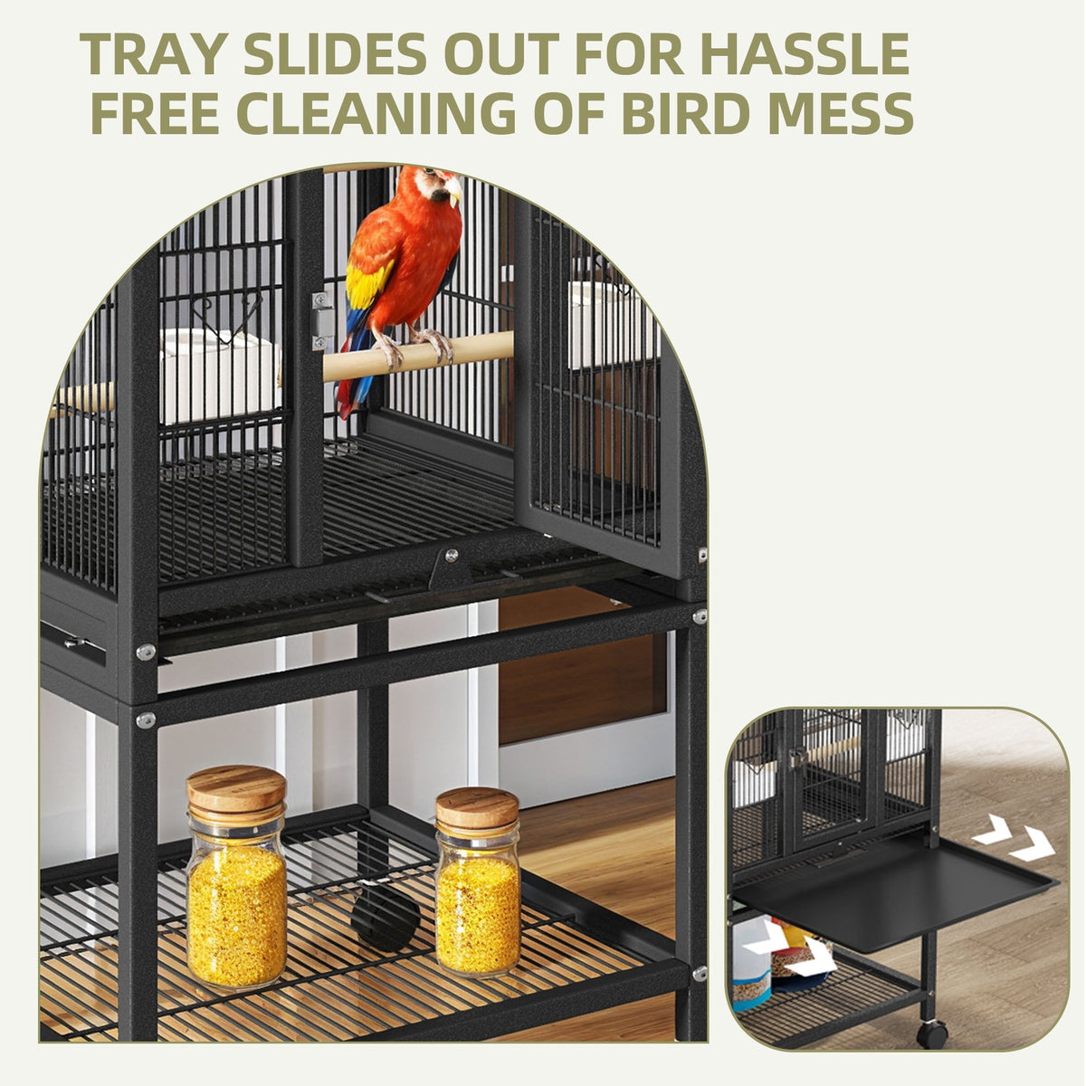 Uforic 41" Metal Bird cage with Rolling Stand, Tray, 2 Perches and 2 Feeders, Black
