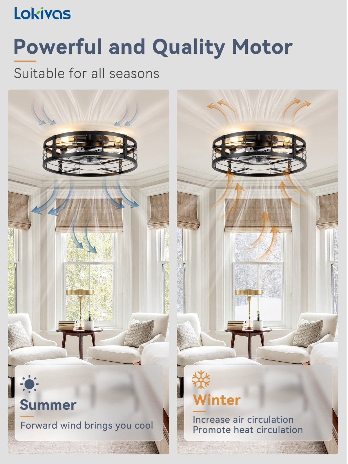 Lokivas 20in Flush Mount Ceiling Fans with Light, Quiet DC Motor, 6 Speeds & Remote Control