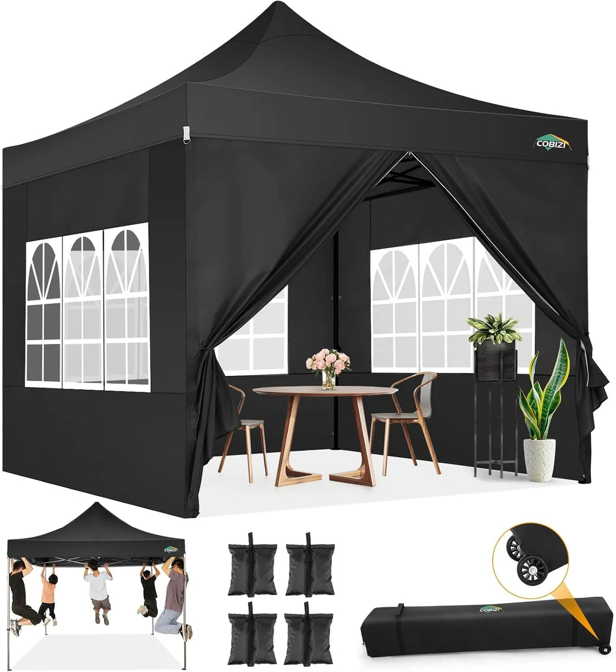 COBIZI 10x20 Heavy Duty Pop-Up Canopy Tent With 6 Sidewalls - Black