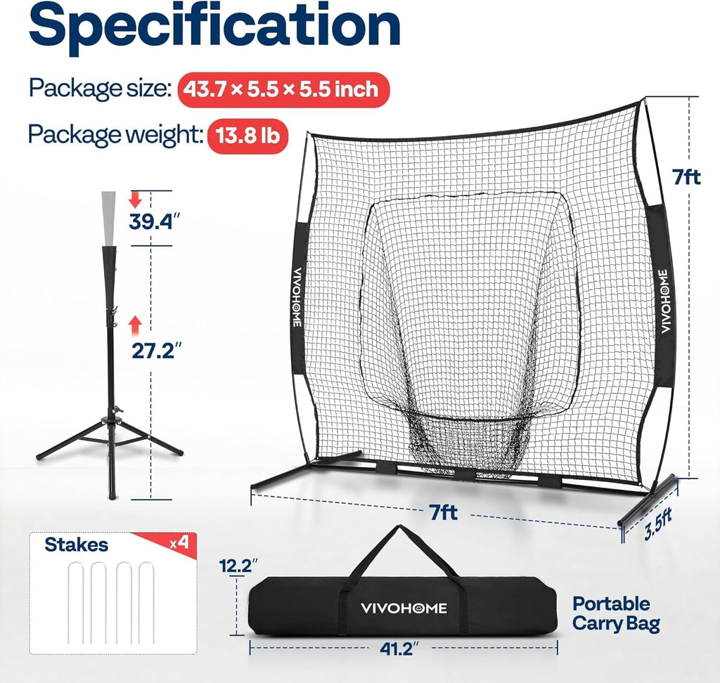 SPECSTAR 7x7Ft Baseball Softball Practice Net with Batting Tee and Carry Bag for Hitting Pitching, Black