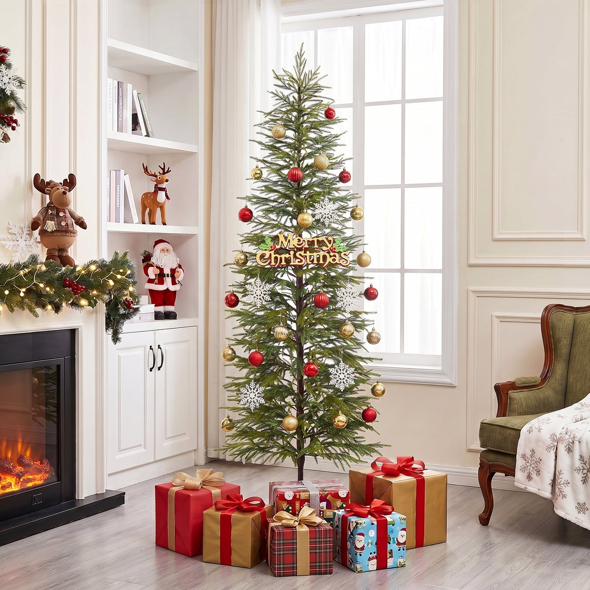DR.Planzen 6' Green Cypress Artificial Christmas Tree, Pencil Xmas Tree with Foldable Metal Stand, Easy Assembly Indoor Large Room Holiday Decor