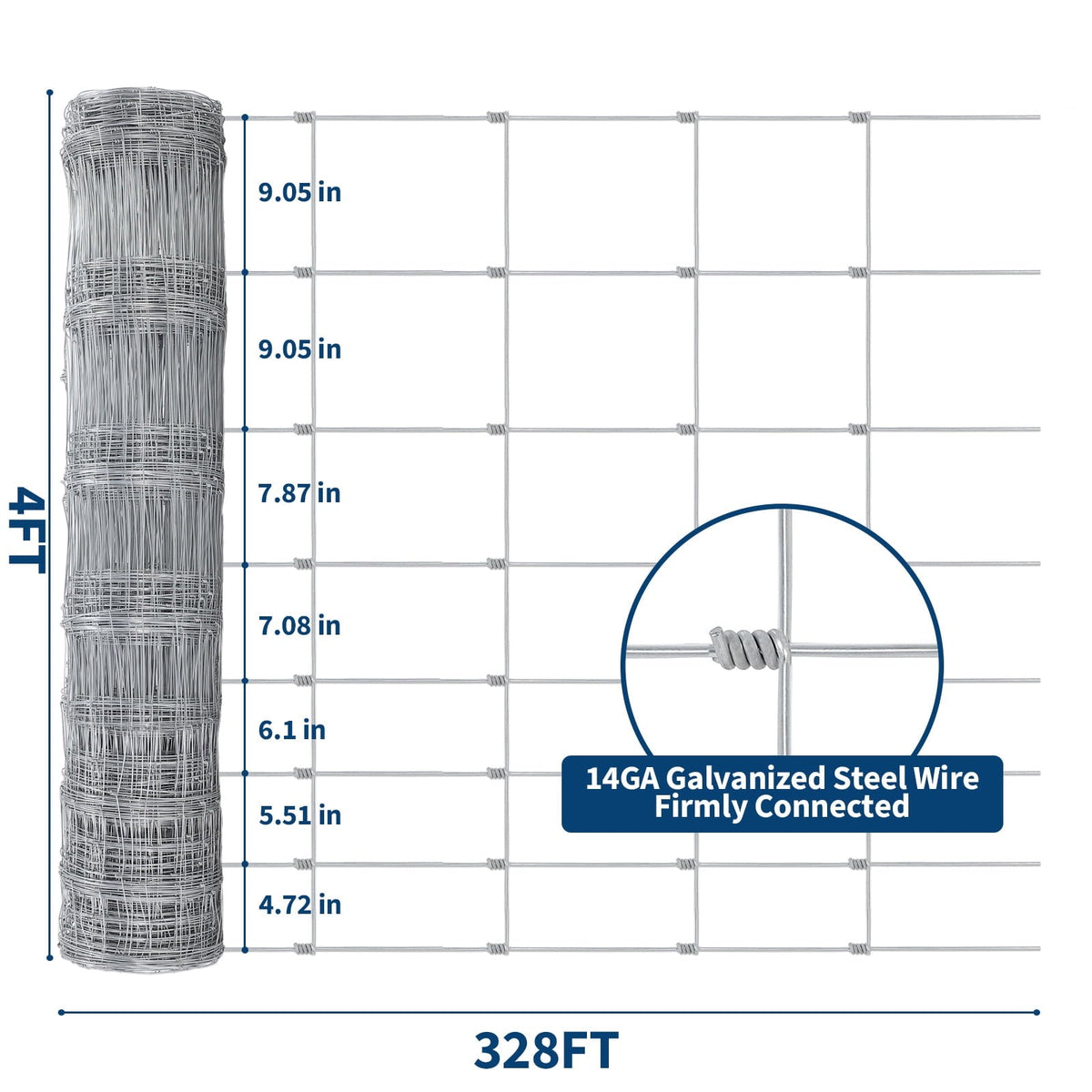 4 ft x 328 ft Farm Fence, High Strength Galvanized Cattle Fence, Heavy Zinc Coating Wire Fence for Hog, Deer, Goat, Sheep, All Weather Resistance