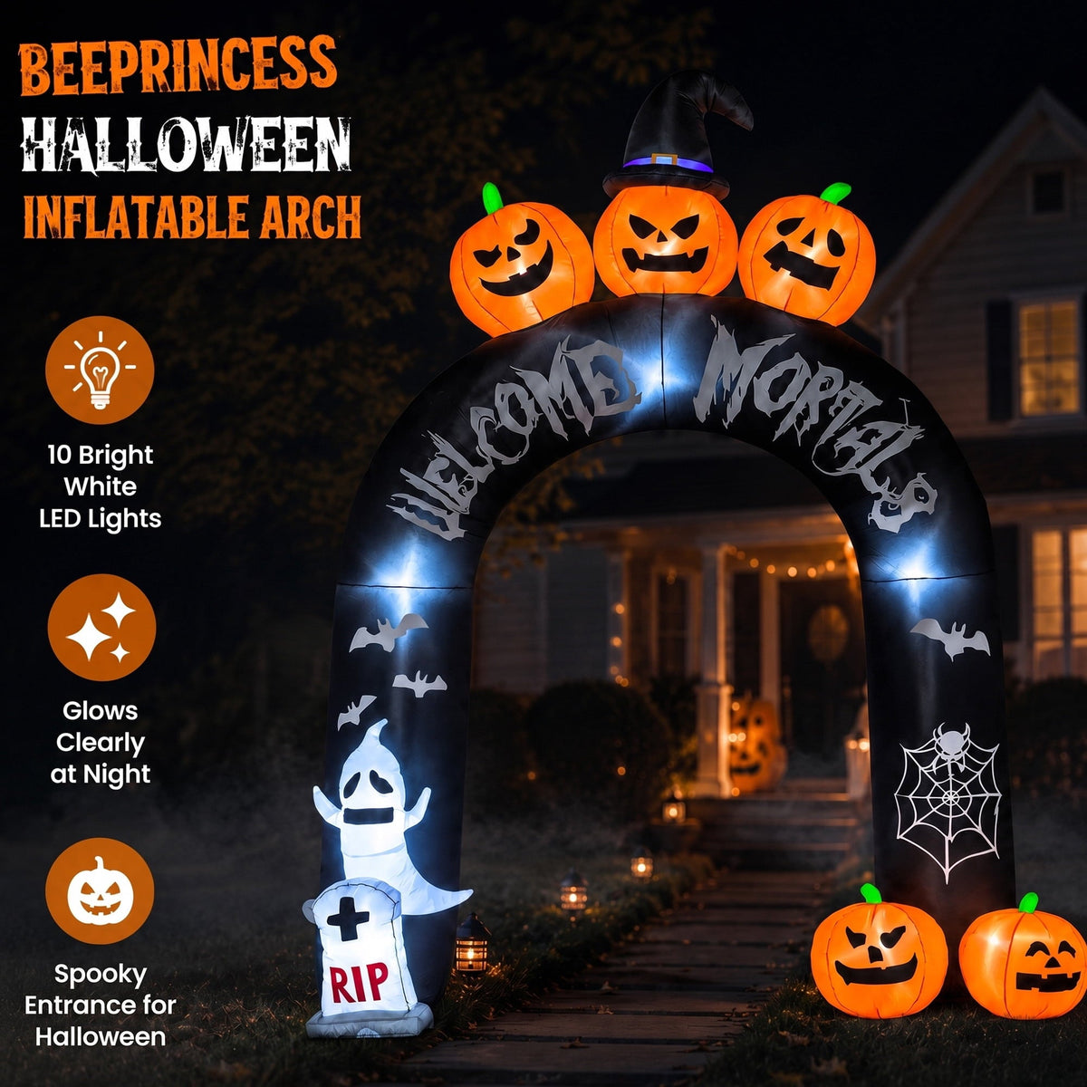 BEEPRINCESS 10FT Halloween Inflatable Arch for Outdoor Decor, LED Lighted Scary Archway with Ghost & Pumpkin, Blow Up Yard Decoration for Haunted