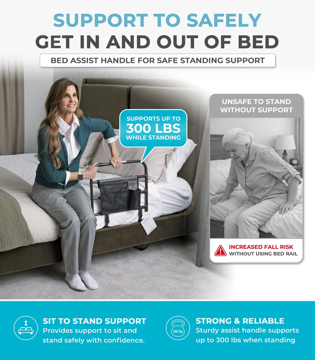 Stander Wonder EZ Adjust Bed Rail, Non-Pivoting Adjustable Bed Rail for Seniors and Safety Railing with Organizer Pouch, ASTM Safety Approved, Black