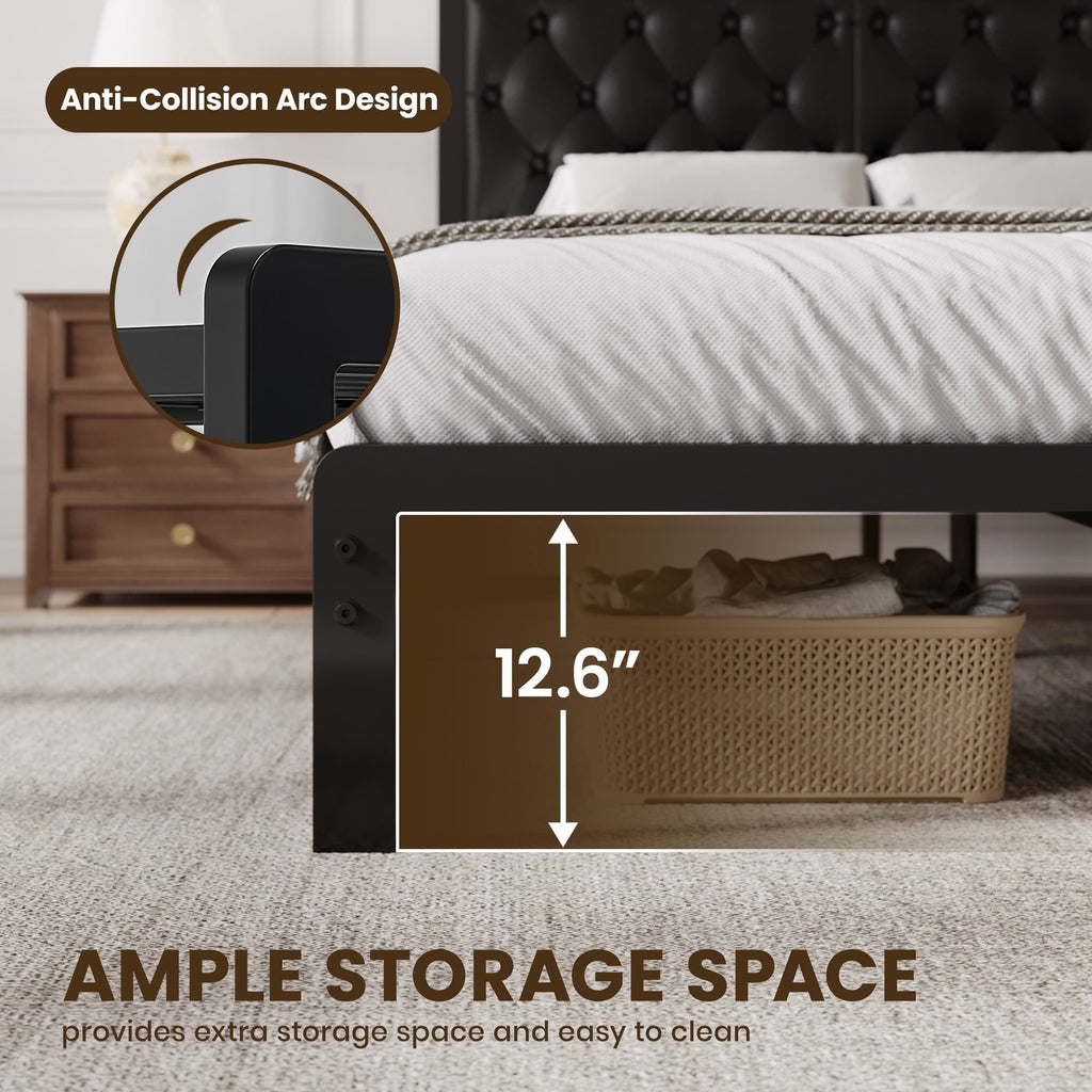 Lifezone Bed Frame with Upholstered Headboard, Queen, Metal Support, No Box Spring Needed, Modern Black