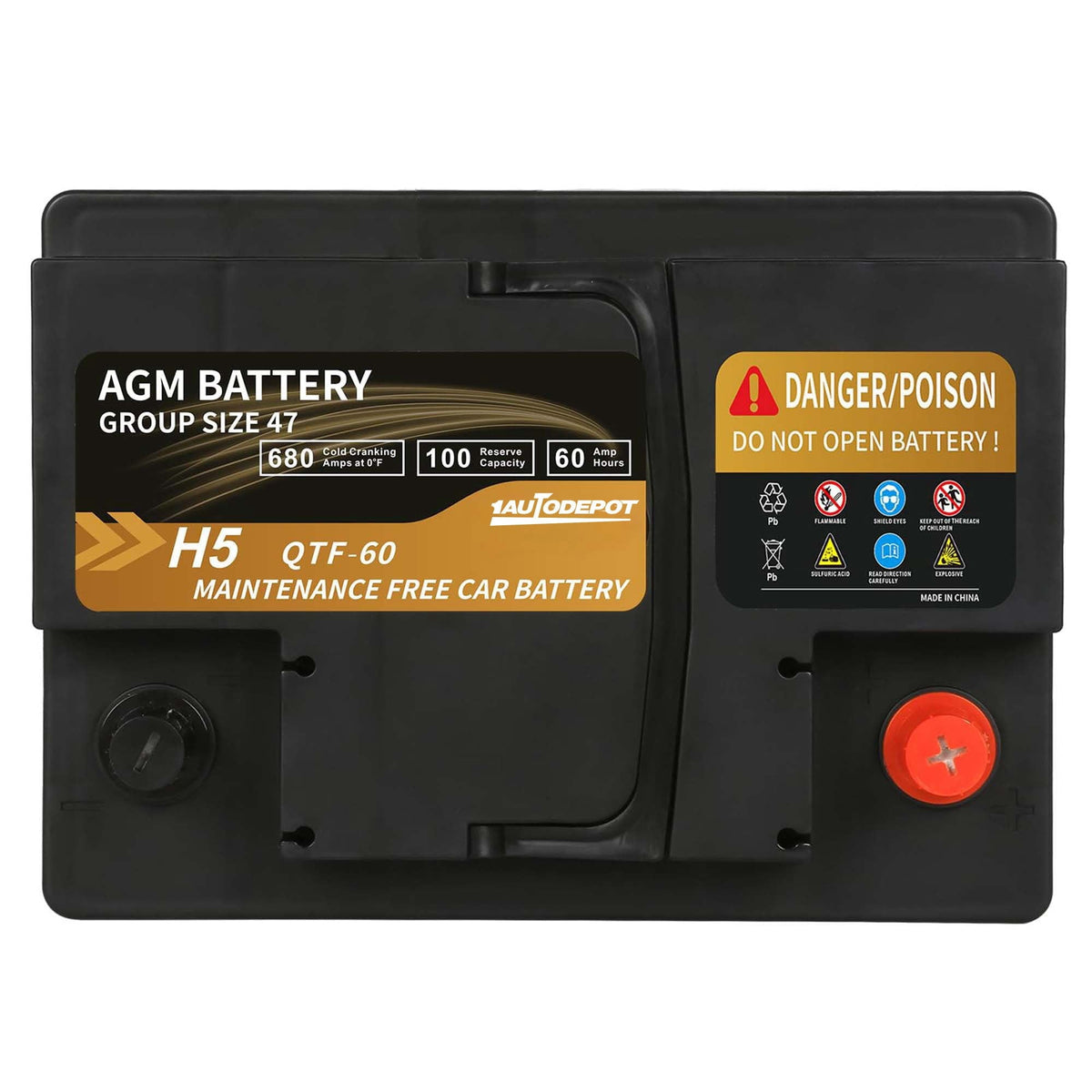 1AUTODEPOT Platinum AGM Group 47 Battery, 12 Volt Rechargeable Automotive Batteries for Car, H5 680CCA 60Ah 100RC
