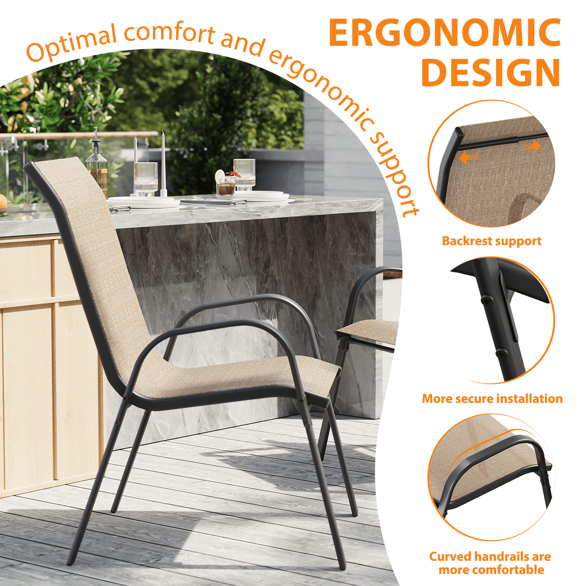 ELPOSUN Patio Chairs Set of 4, Outdoor Stackable Dining Chairs for All Weather, Breathable Garden Outdoor Furniture for Backyard Deck,Khaki