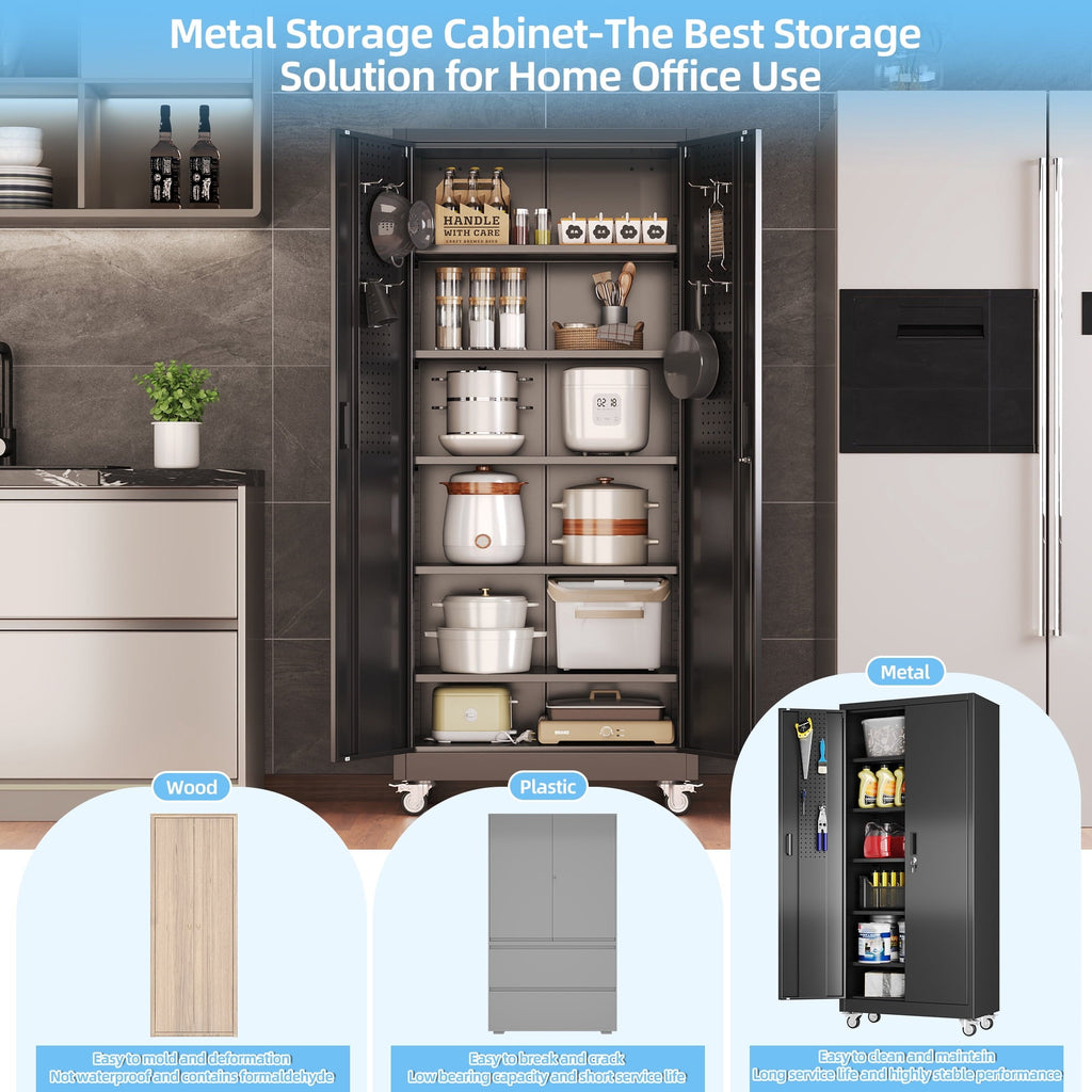 HUAXRON 71 inches Tall Metal Rolling Garage Storage Cabinets with Locking Doors and 5 Adjustable Shelves, Metal Storage Cabinet for Garage, Office