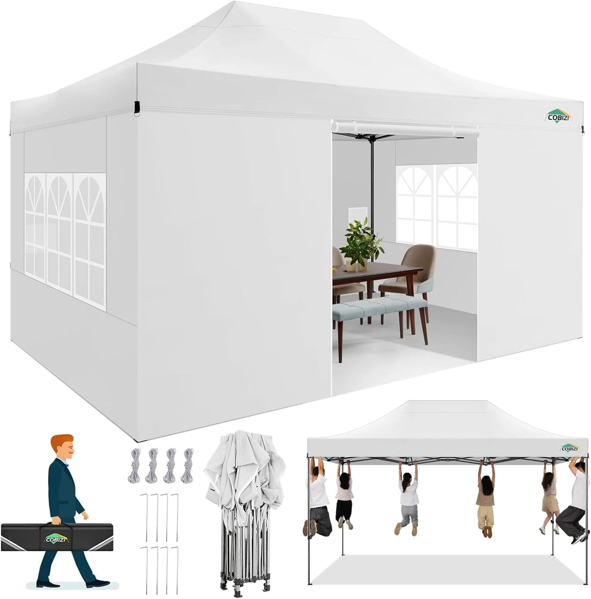 COBIZI 10x20 Heavy Duty Pop-Up Canopy Tent With 6 Sidewalls - Black