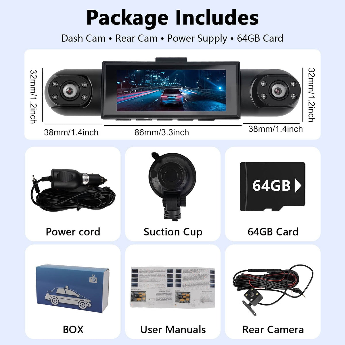 4-Channel Dash Cam with 1080P Front, Inside & Rear Cameras, Night Vision, HDR, G-Sensor, Loop Recording & 24HR Parking Mode