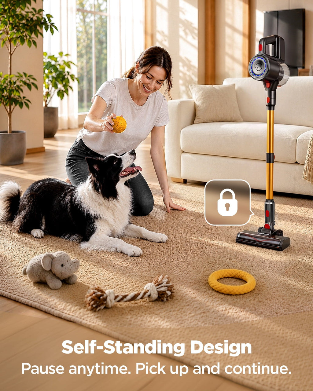 Cordless Vacuum Cleaner, 35KPa Stick Vacuum, Up to 34 Mins Runtime Lightweight Vacuum with Green LED Headlights, Self-Standing Handheld Vacuum for