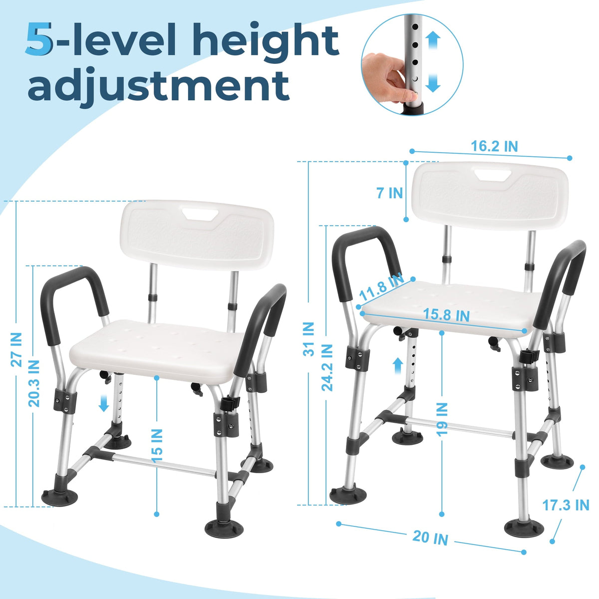 COSYWILL Shower Chair for Inside Shower,Bath Chair with Arms and Back,Heavy Duty Safety Shower Bench with Height Adjustable Bath Seat,White