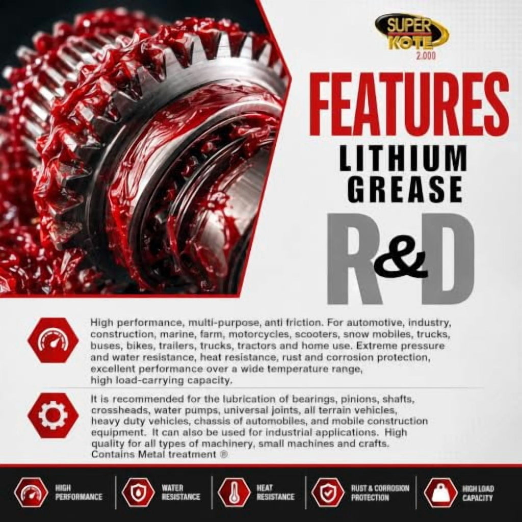 Red and Tacky Lithium Grease Superkote 2000 | NLGI 2 | EP Grease | Tube | High Temperature | Heavy Duty | Industrial | Construction | Automotive