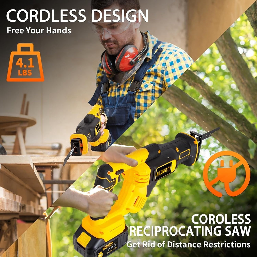 21V Brushless Reciprocating Saw,2×4.0Ah Battery Cordless Power Sawzaw 28mm 3500 SPM High-Performance Saws with 12 Saw Blades, Recíproca for Heavy
