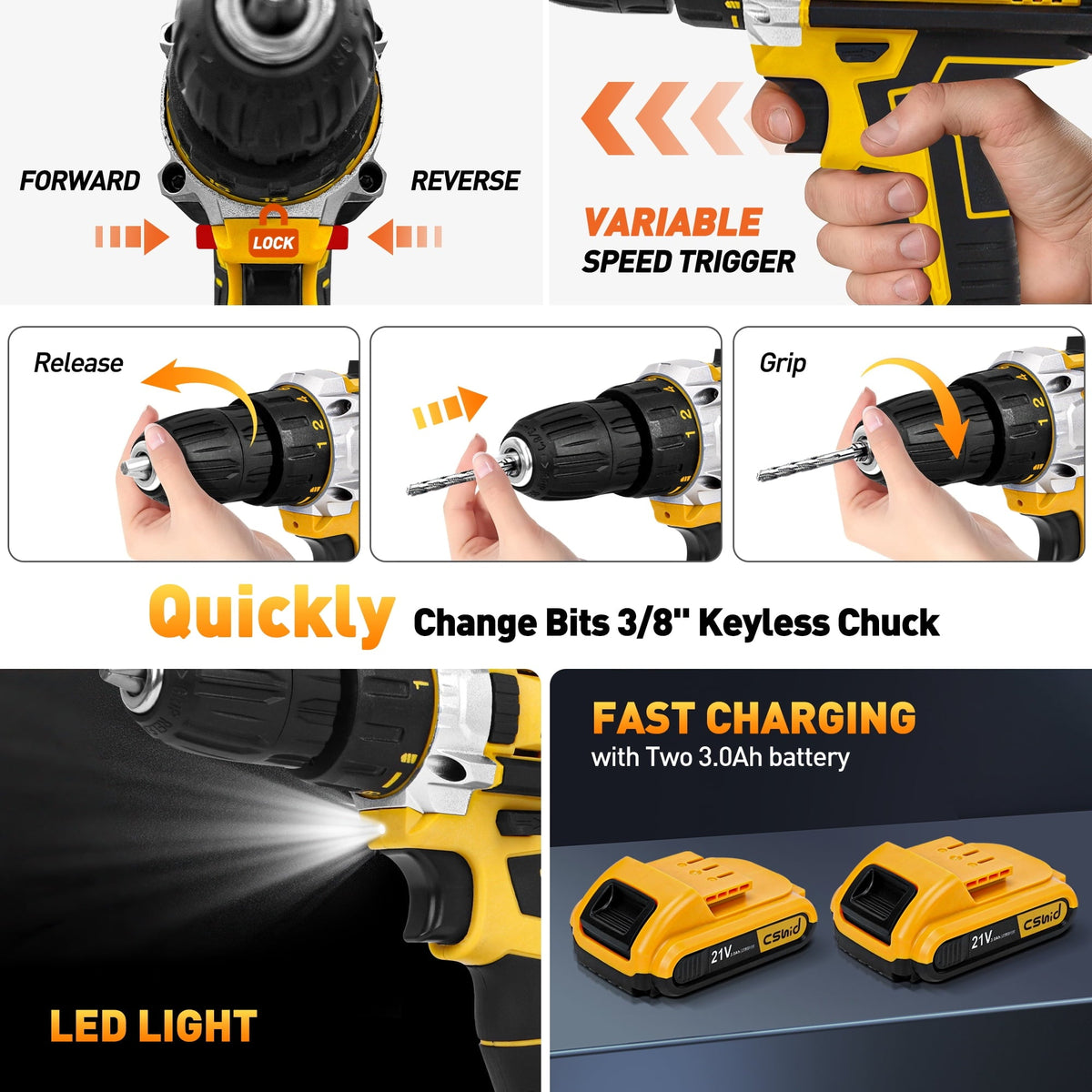 Cshidworld Tool Set with 21V Cordless Drill, Drill Set with 2 Batteries and Charger, 95PCS Electric Power Drill Tool Kit, Repair Tools Sets Combo