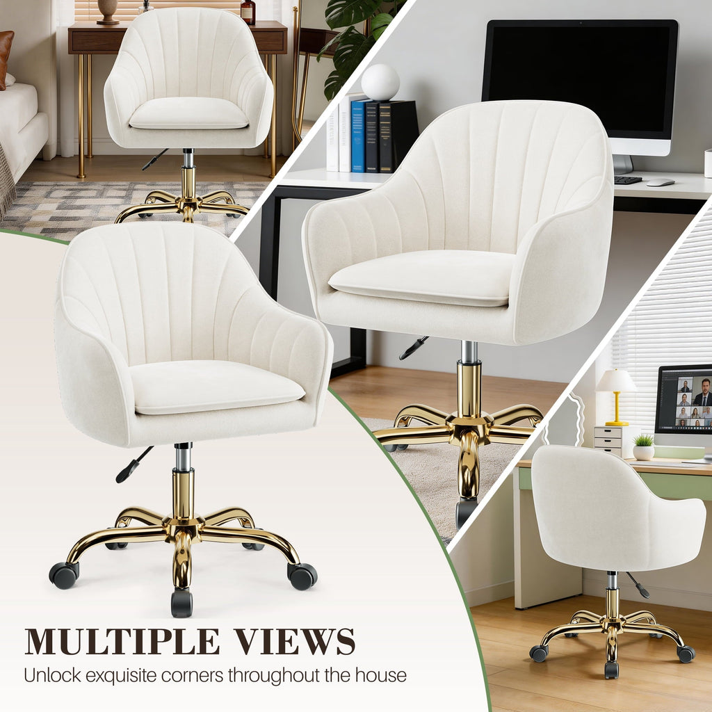 COOLHUT Office Desk Chair with Padded, Velvet Vanity Chair with Back and Wheels, Comfy Home Office Chiar with Gold Legs, Height Adjustable, Rolling