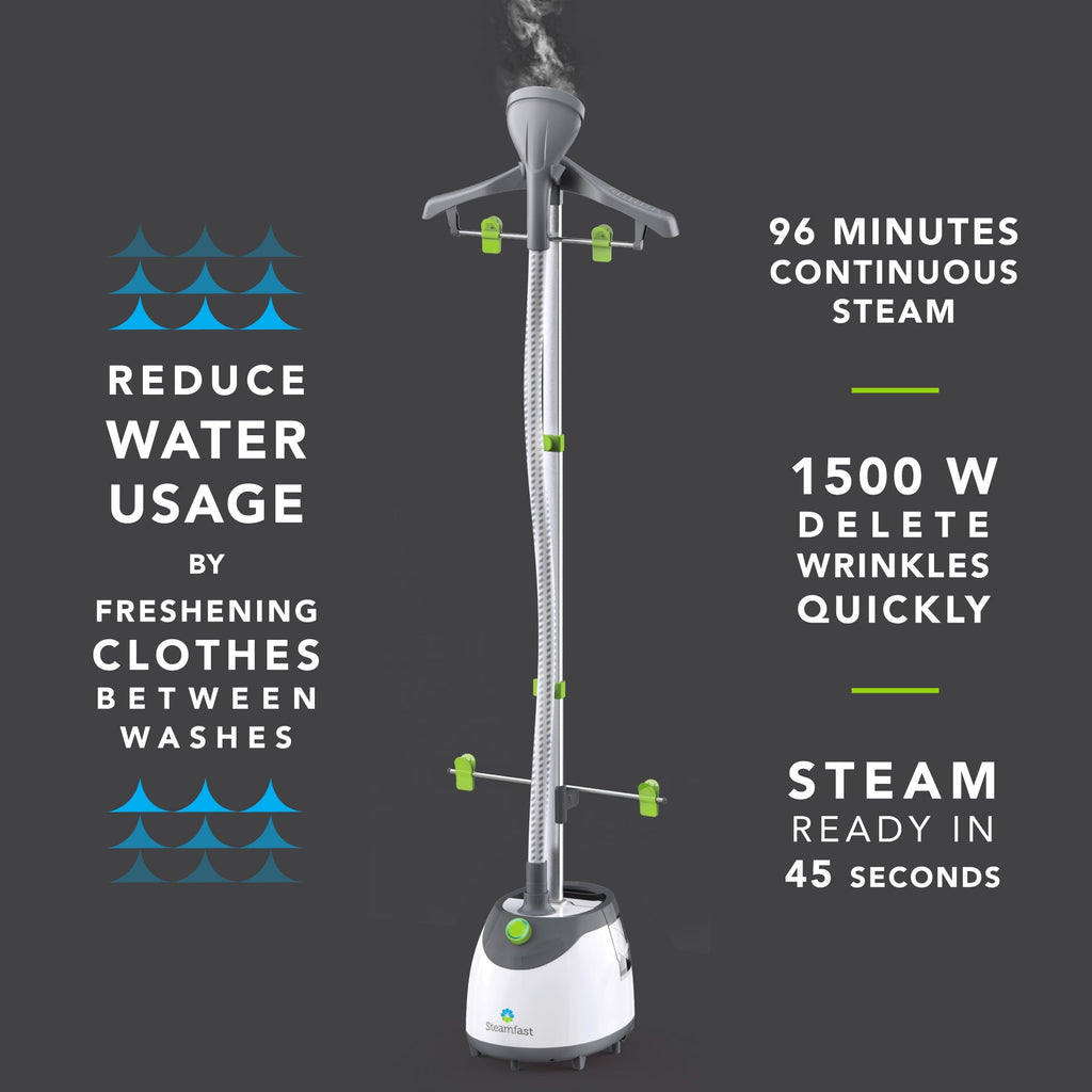 Steamfast SF-567 Full-Size Upright Garment and Fabric Steamer with Clothes Hanger, 1500W, 45-Second Heat Up, 96 Minutes of Continous Steam, 86 fl oz