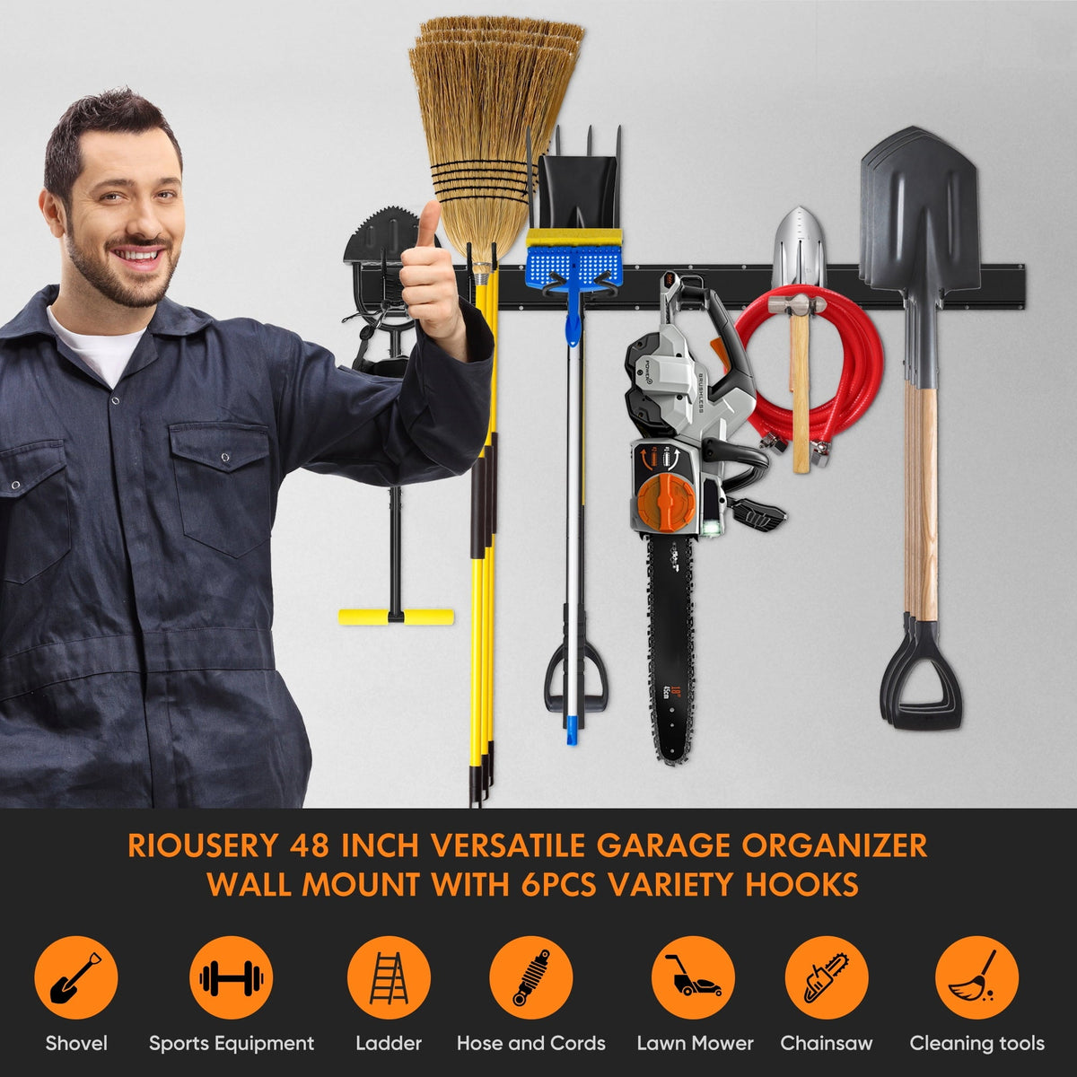 Riousery Garage Tool Organizer, Heavy-Duty Steel Wall Mount, 48-Inch Garage Organization Rack with 6 Adjustable Hooks for Garden and Yard Storage